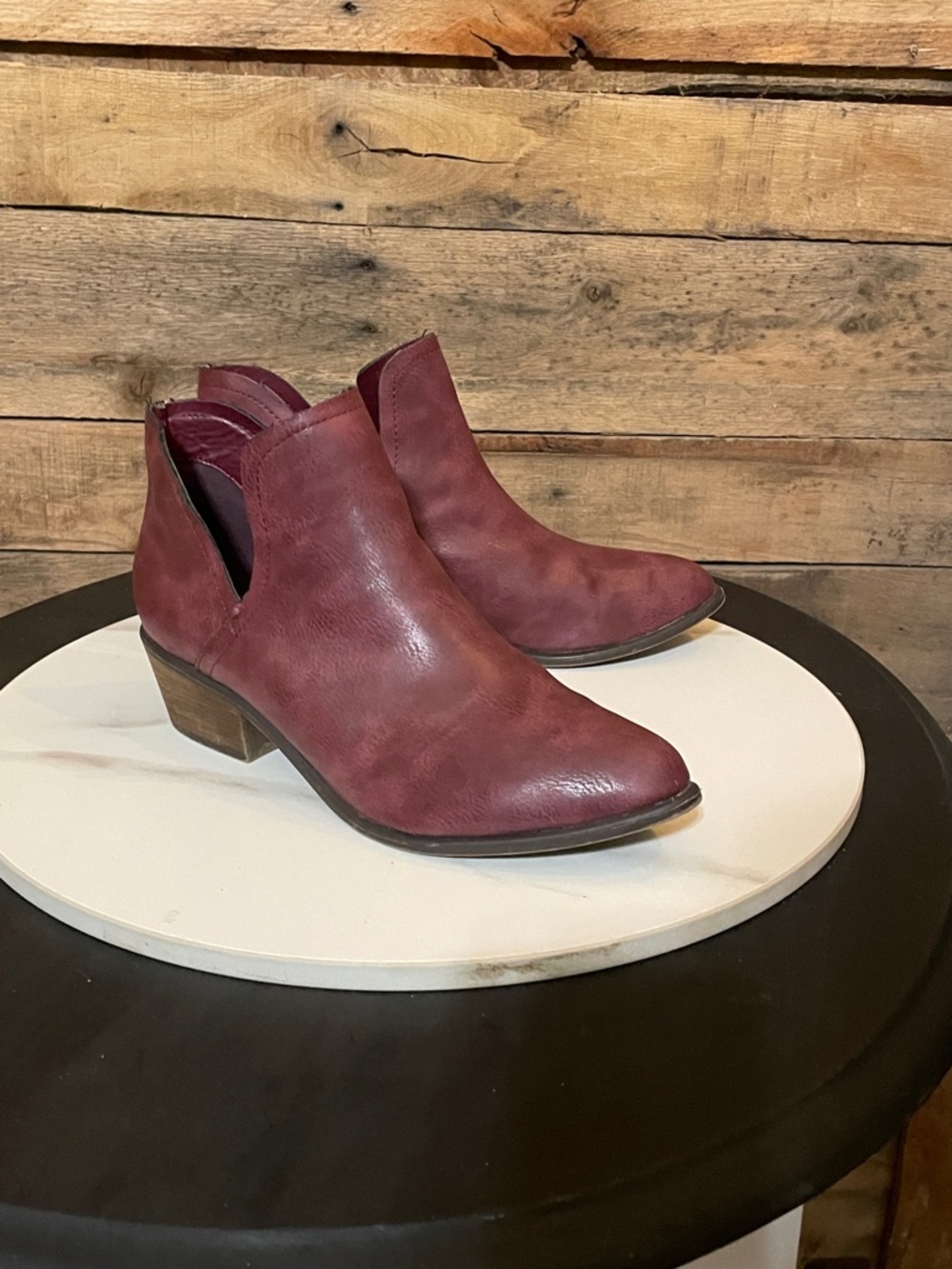 Breckelles Wine Cutout Ankle Booties with Low Block Heel